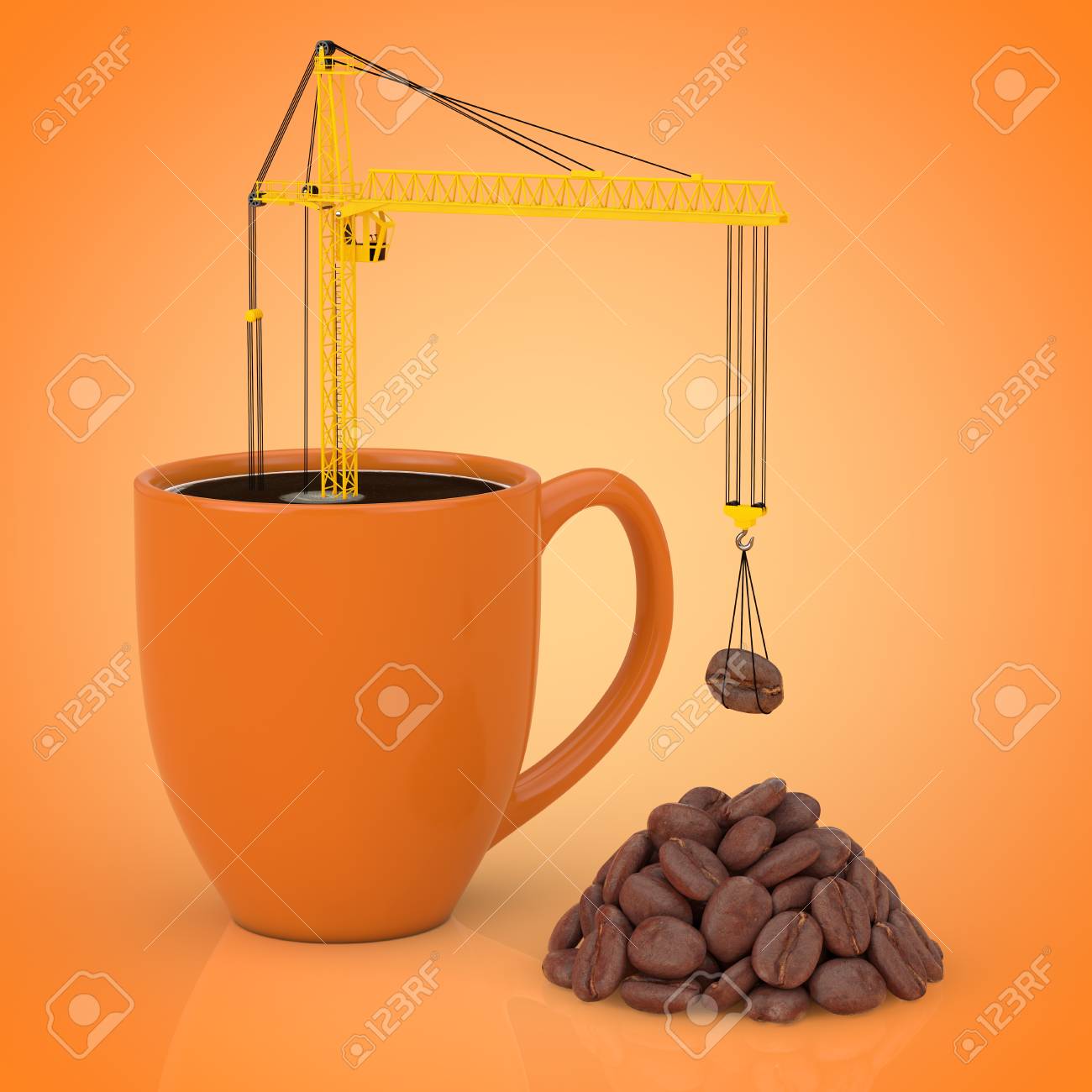 yellow tower crane put coffee beans in coffee mug on a orange