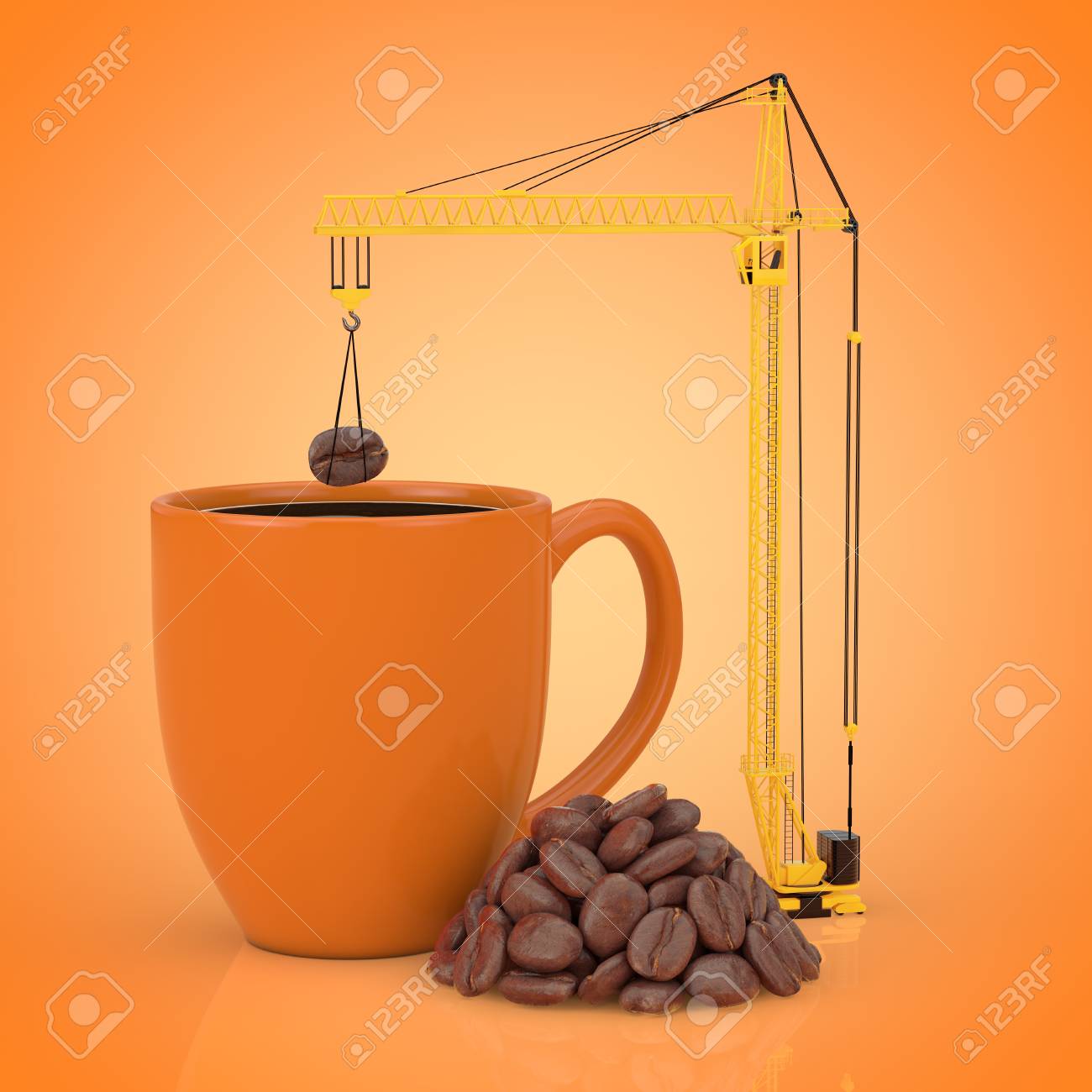 yellow tower crane put coffee beans in coffee mug on a orange