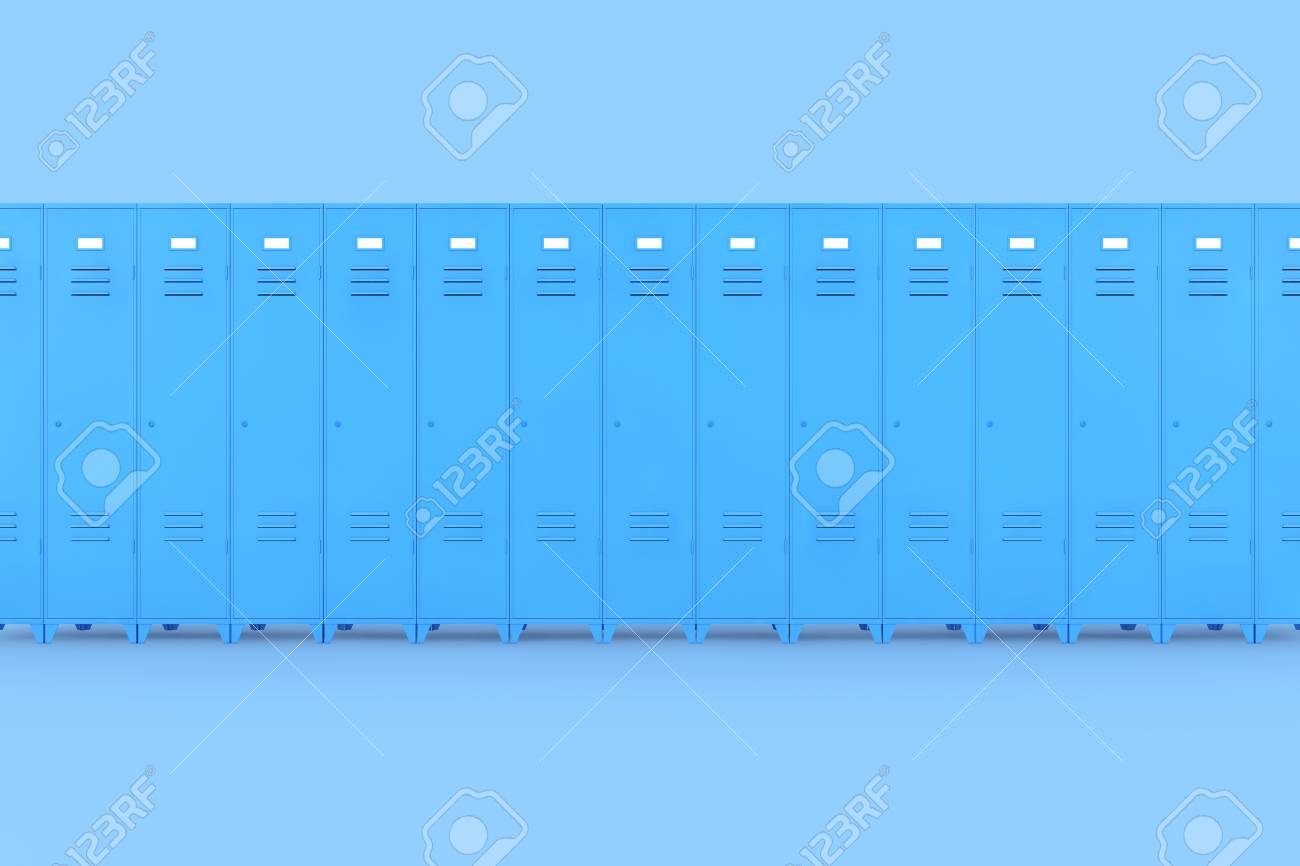 Row Of Blue Metal Gym Lockers On A Pink Background 3d Rendering