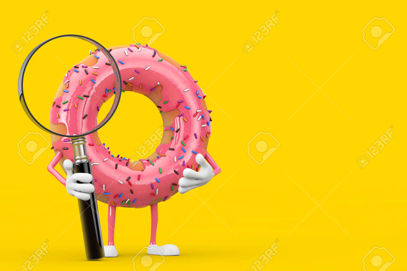 Big Strawberry Pink Glazed Donut Character Mascot with Magnifying Glass on a yellow background. 3d Rendering - 156271772 Big Strawberry Pink Glazed Donut Character Mascot with Magnifying Glass on a yellow background. 3d Rendering - 156271772