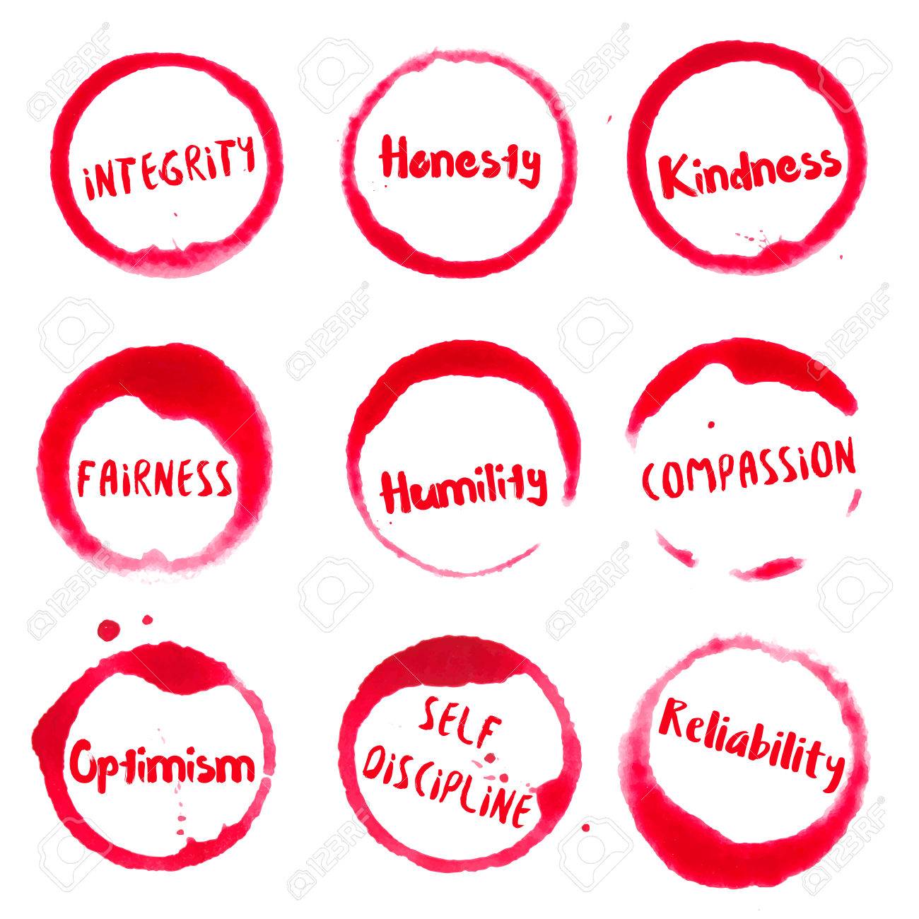 positive character traits collection of round watercolor stains with integrity honesty kindness humility