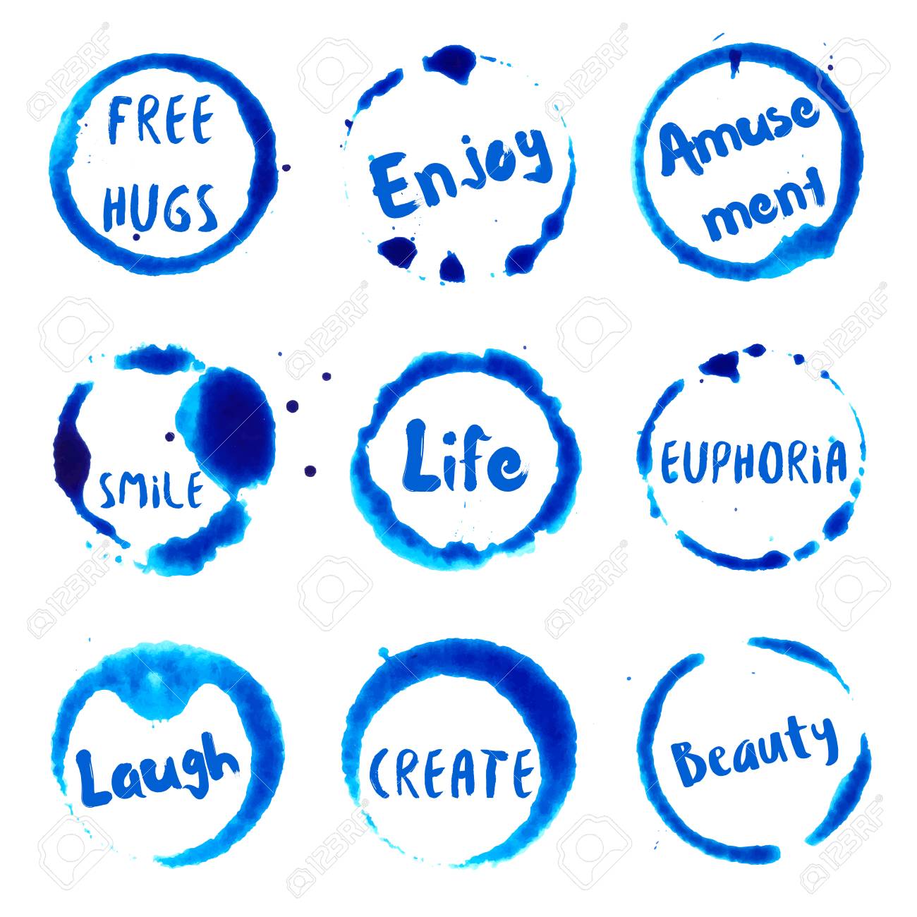 うれしそうな単語集無料抱擁でラウンド水彩汚れ笑顔 笑い 楽しみ 幸福感 娯楽 生活 美容テキストを作成します ベクトル楽しい言葉のスタンプのセットです のイラスト素材 ベクタ Image