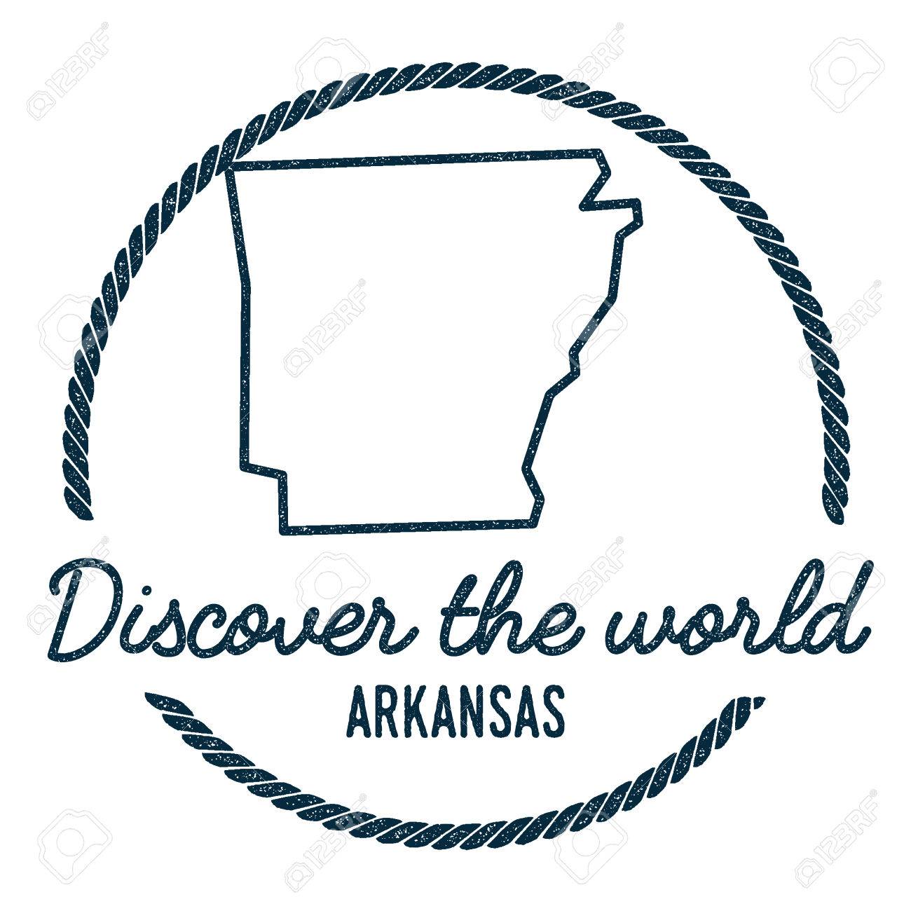 アーカンソー州マップのアウトライン ヴィンテージは アーカンソー州の地図と世界のゴム印を発見します 流行に敏感なスタイル航海ゴム印 ラウンド ロープ国境 米国州地図ベクトル イラスト のイラスト素材 ベクタ Image