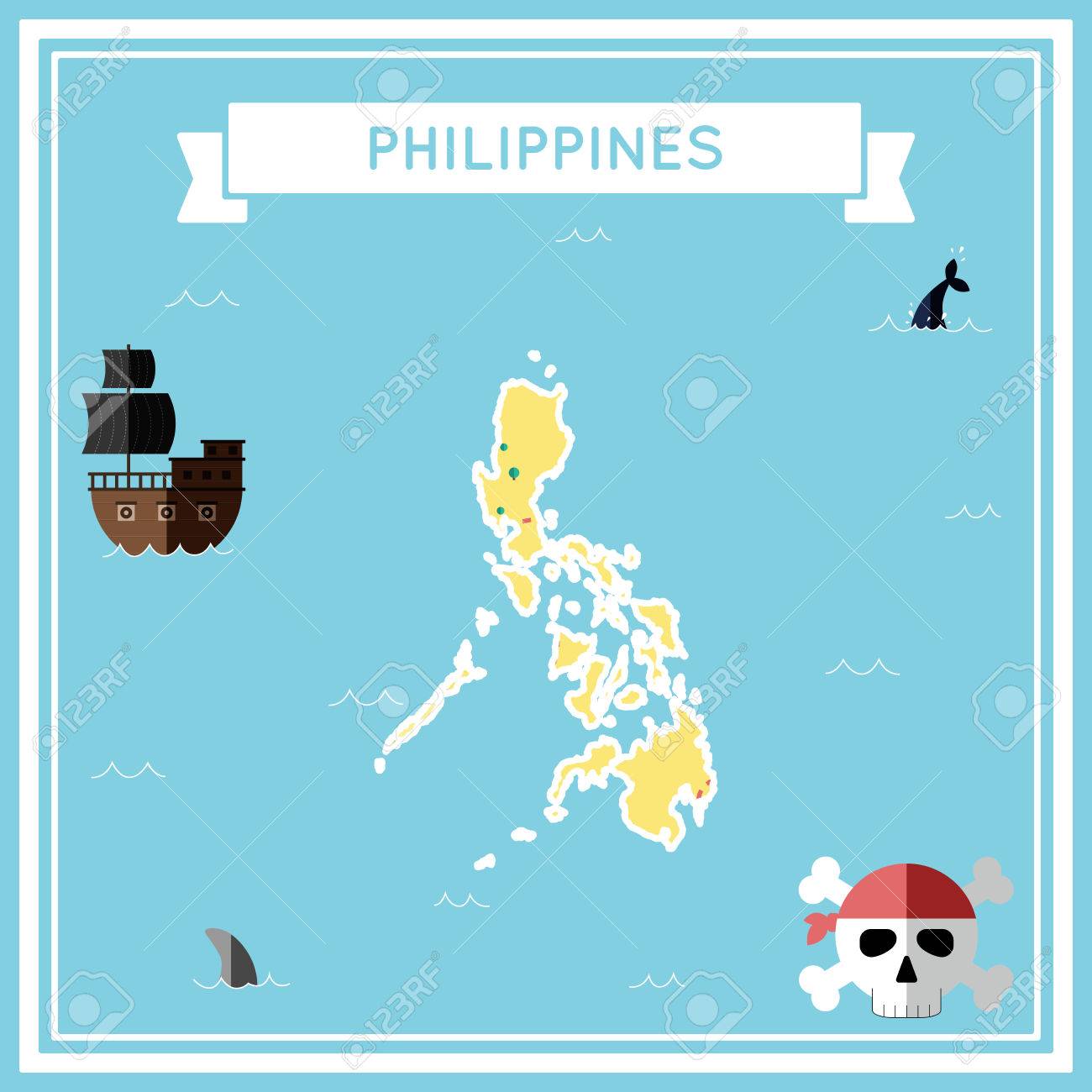 Map Of The Philippines Cartoon Flat Treasure Map Of Philippines. Colorful Cartoon With Icons Of Ship,  Jolly Roger, Treasure Chest And Banner Ribbon. Flat Design Vector  Illustration. Royalty Free Svg, Cliparts, Vectors, And Stock Illustration.  Image 81721885.