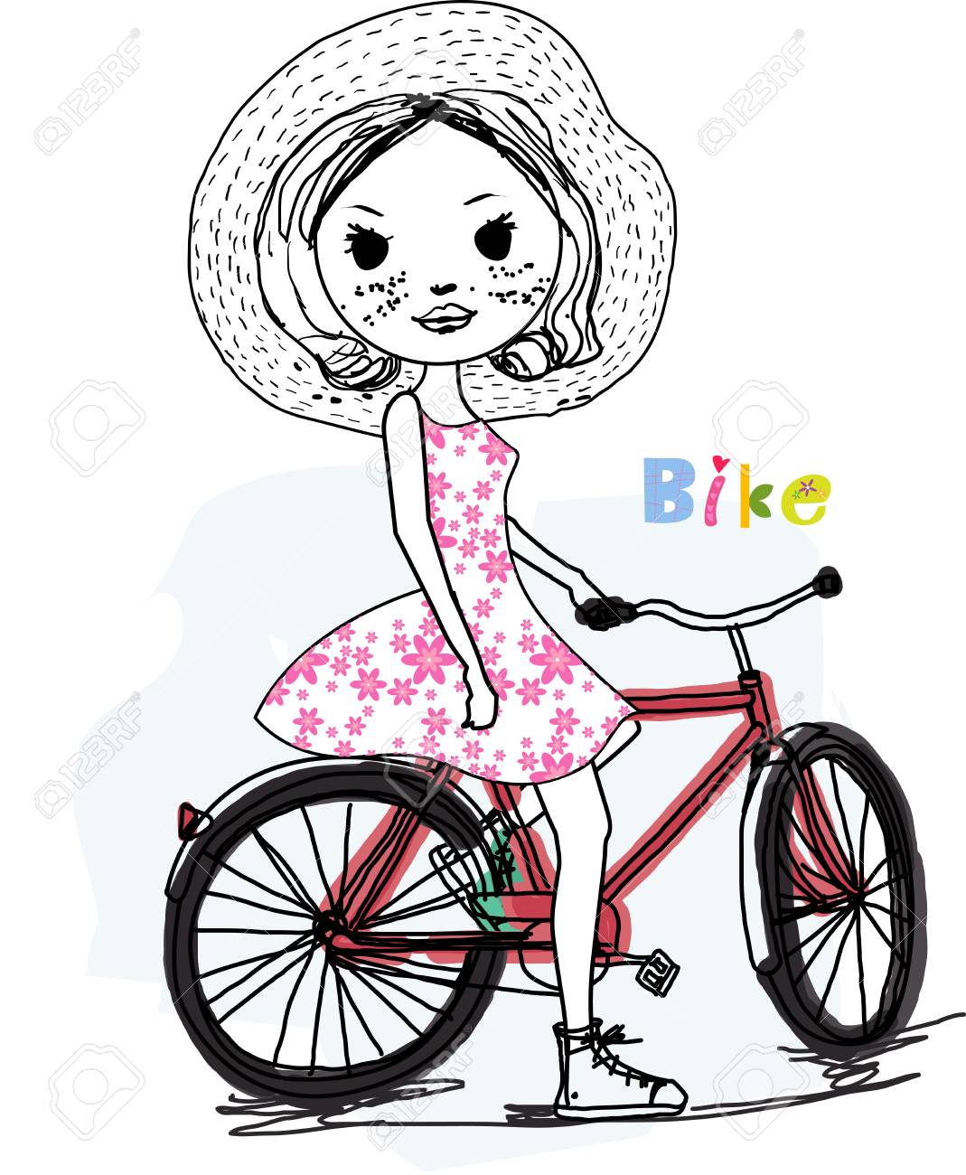 かわいい女の子と自転車のイラスト素材 ベクタ Image