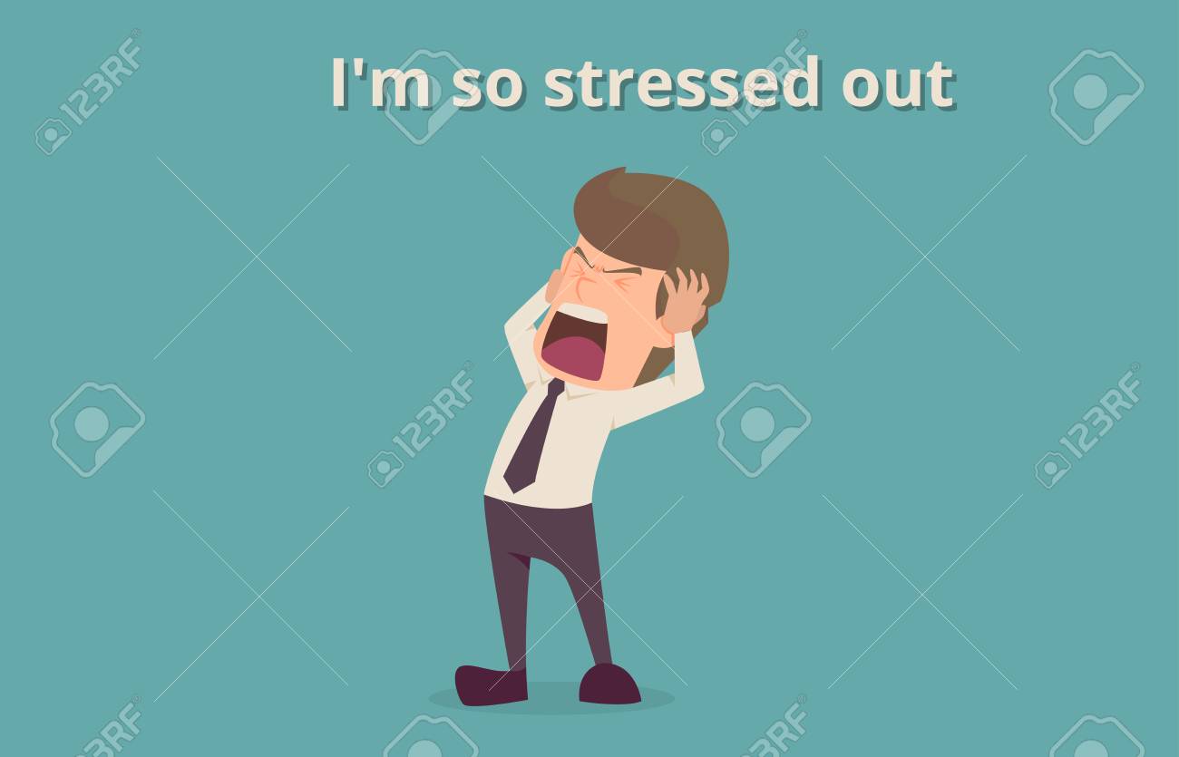 オフィス テーブル一生懸命 ビジネスの成功の概念の漫画イラストで実業家ひずみ非常に頭痛は インフォ グラフィック バナーの背景として使用できます の イラスト素材 ベクタ Image