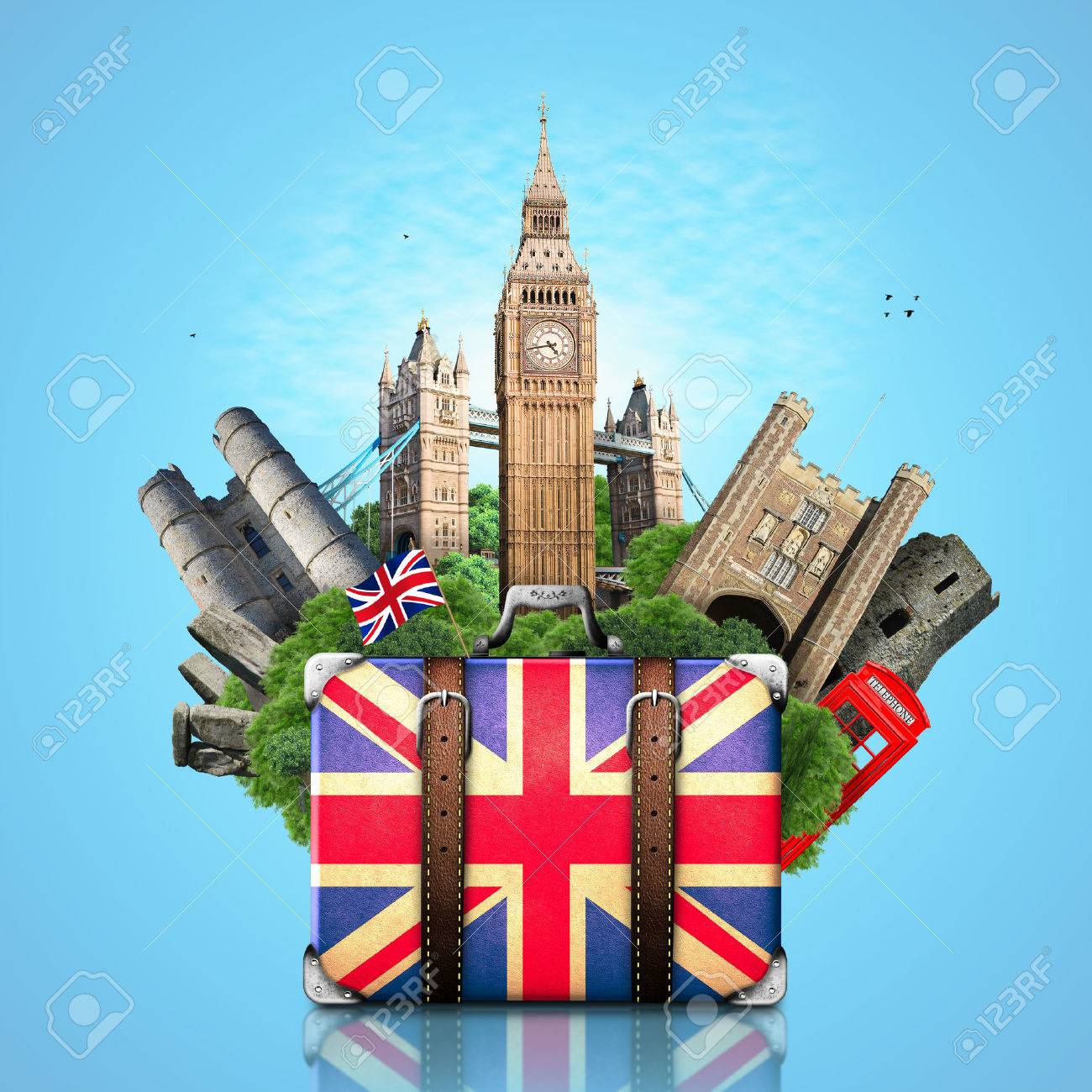 england british landmarks travel and retro suitcase stock photo