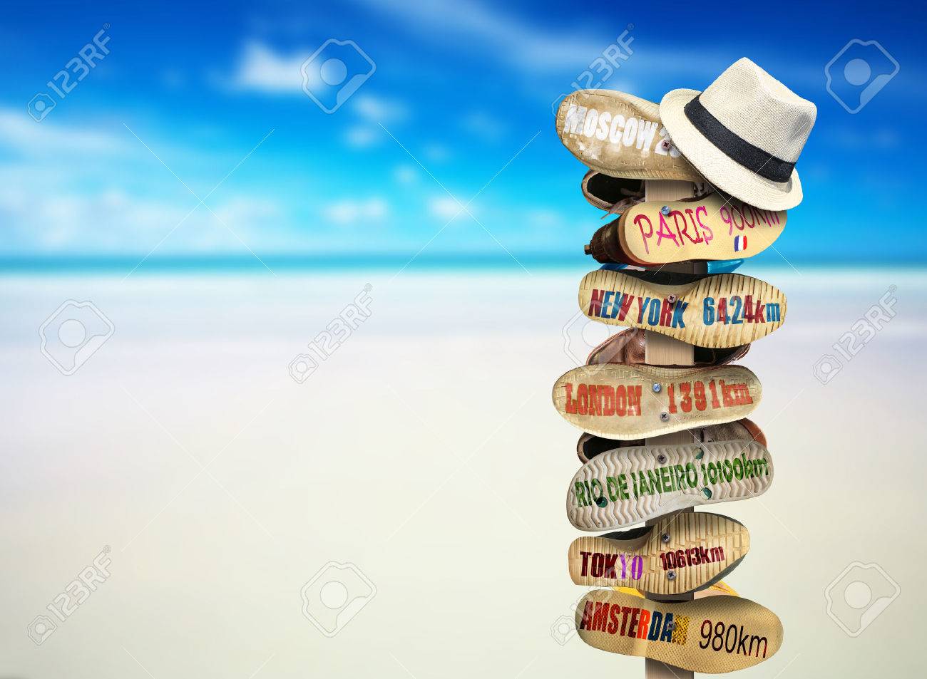 Signpost made of Shoe soles with cities - 42175471 Signpost made of Shoe soles with cities - 42175471