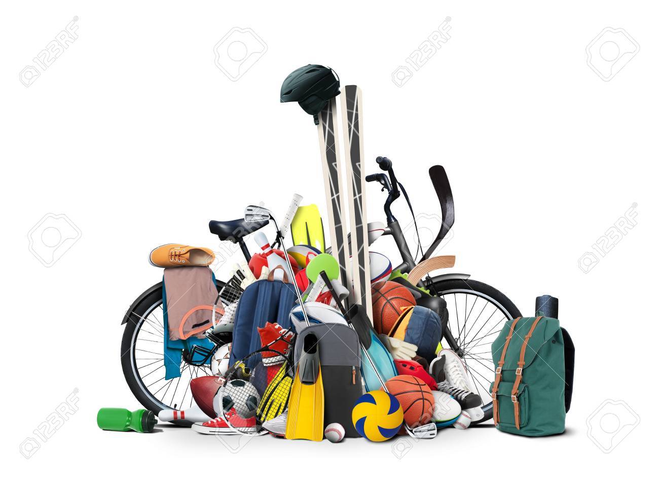 Sports equipment has fallen down in a heap - 60672665 Sports equipment has fallen down in a heap - 60672665