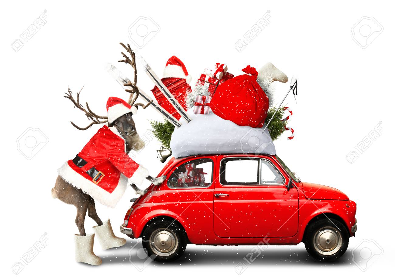 Weihnachtsauto Santa Claus Mit Geschenktute Lizenzfreie Fotos Bilder Und Stock Fotografie Image 89672333