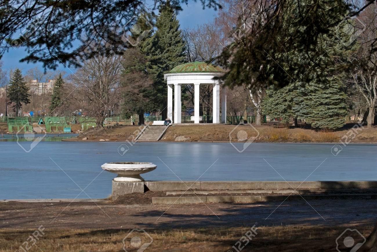 Summer Arbor On A Pond In The Primorsky Victory Park In Saint