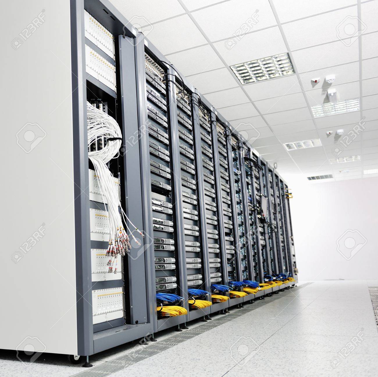 internet network server room with computers racks and digital
