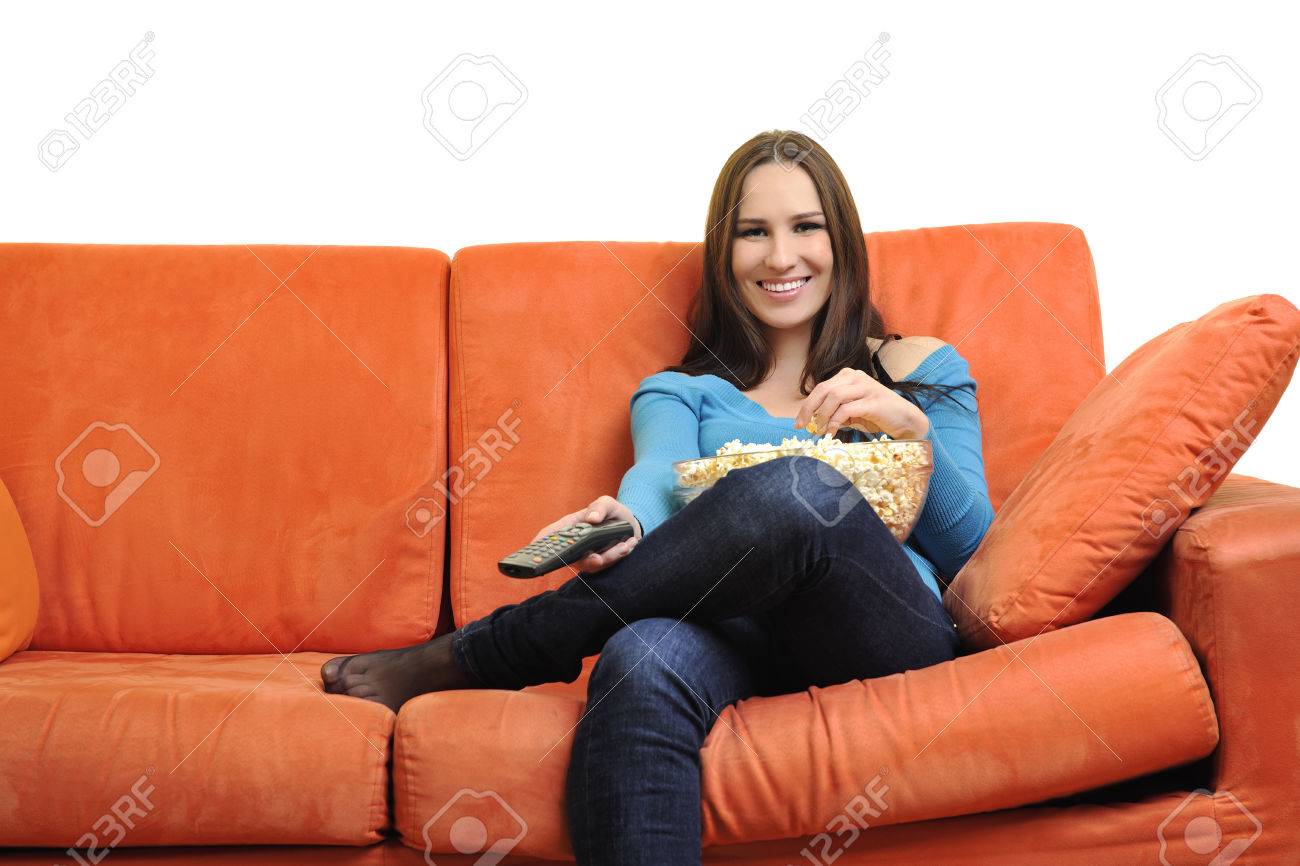 Junge Frau Essen Popcorn Filme Gucken Und Essen Popcorn Am