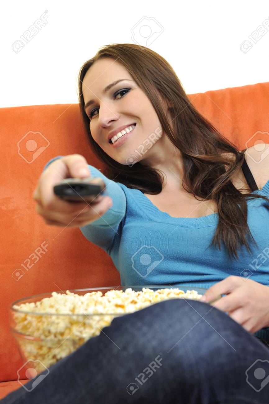 Junge Frau Essen Popcorn Filme Und Popcorn Zu Essen Am Modernen