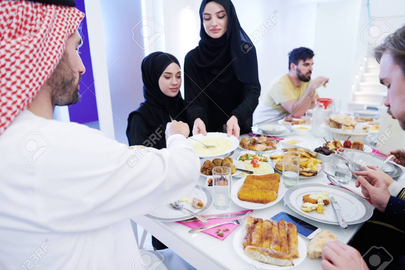 Eid Mubarak Muslim Family Having Iftar Dinner Eating Traditional ...