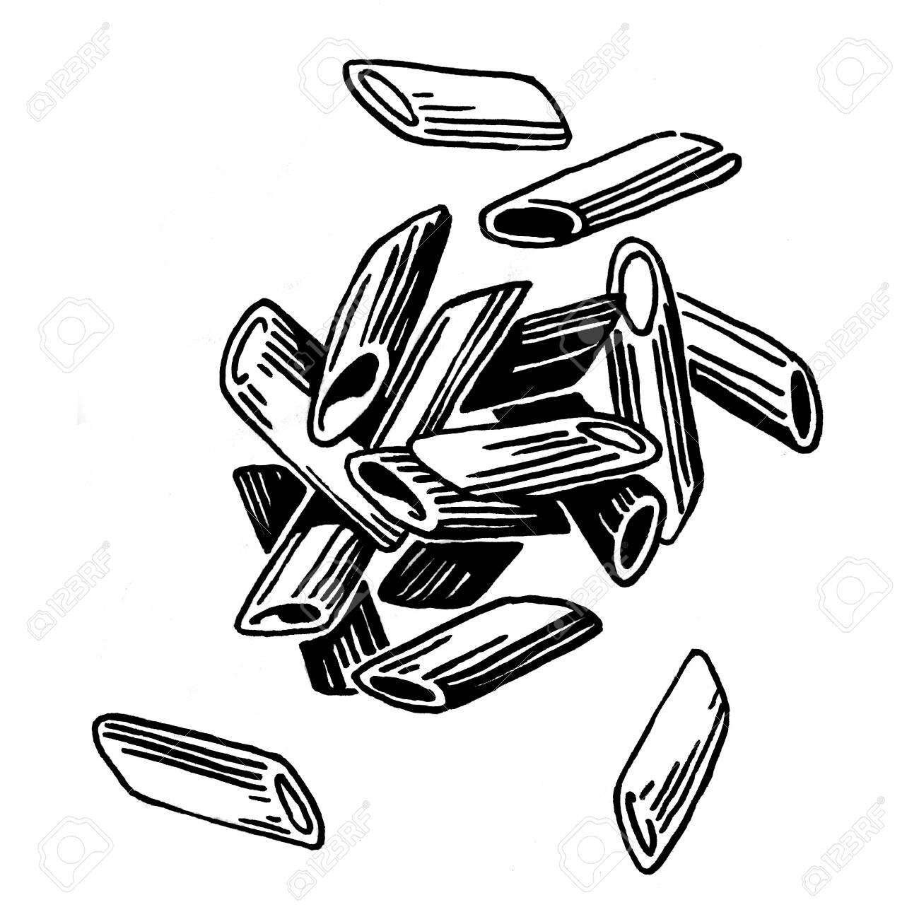 Pasta. Penne. Ink Hand Drawing. Black And White. Food, Vegetables And Fruit  Isolated On White Background. Book Illustration, Recipe, Menu, Magazine Or  Journal Article. Stock Photo, Picture and Royalty Free Image. Image, image size:1300x1290