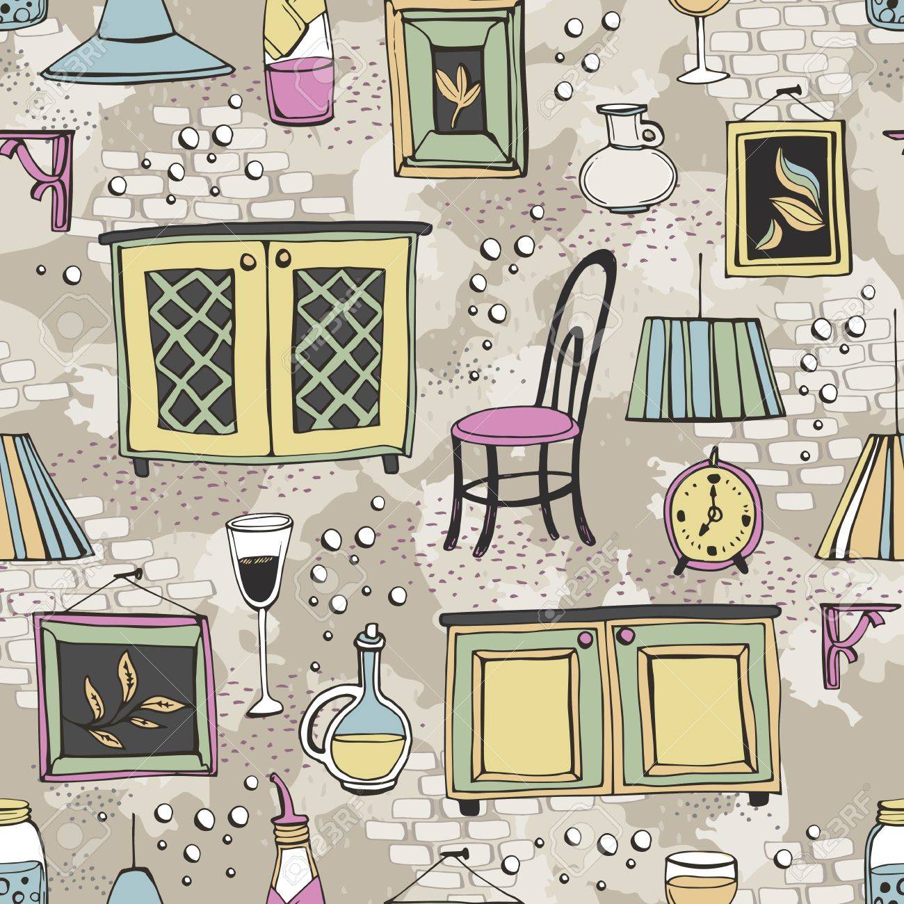 家具とヨーロッパ式のカフェやレストランの詳細のシームレスなパターン カーテン 壁紙 パターンの塗りつぶし Web ページの背景テクスチャに使用できます のイラスト素材 ベクタ Image