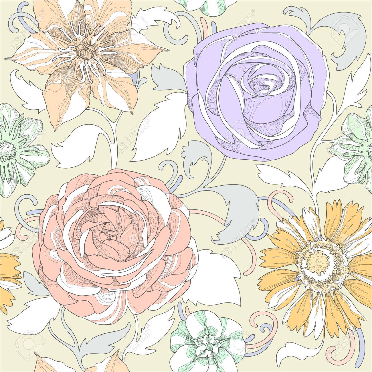 細部の高度でパステル カラーの美しいエレガントな花柄のイラスト のイラスト素材 ベクタ Image
