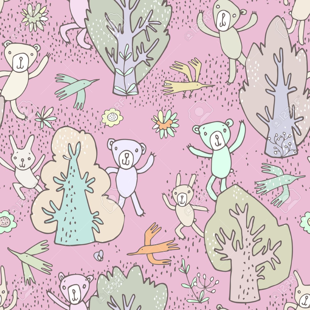 シームレス パターン 壁紙 ファブリックの印刷します 陽気なかわいい漫画の森の動物 木 鳥のイメージ 魅力的な面白いし かわいいクマ鳥ウサギ笑顔と足を振ってします 秋の色 のイラスト素材 ベクタ Image