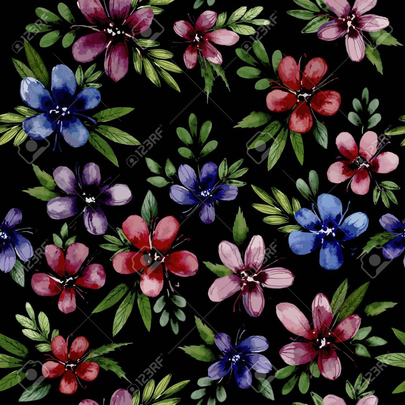 水彩花のシームレスなパターン 花弁が黒い背景に調和のとれた構成に配置された青赤ピンクの花 カーテン 壁紙 パターンの塗りつぶし Web ページの背景テクスチャに使用できます のイラスト素材 ベクタ Image
