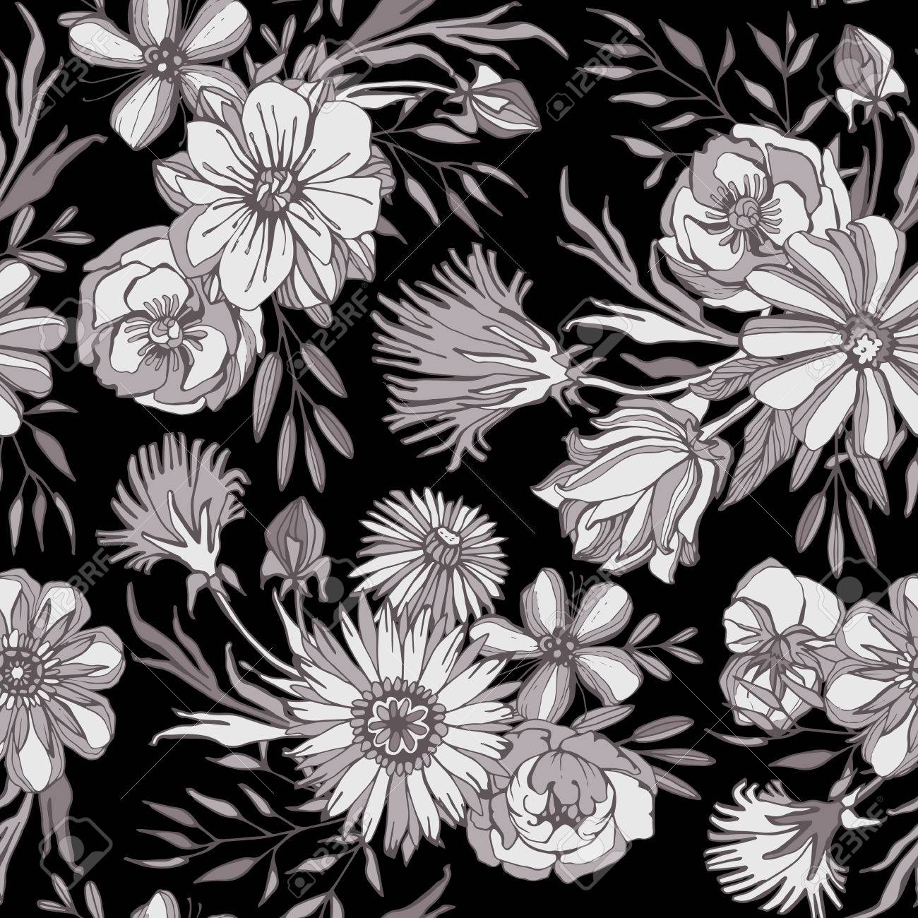 シームレスな花柄 モノクロの色 美しいエレガントな花と葉 手で描かれています Web ページの背景テクスチャ パターンの塗りつぶし壁紙に最適です の イラスト素材 ベクタ Image