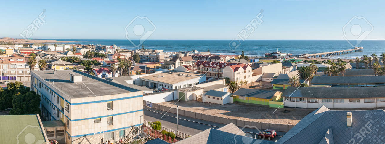 SWAKOPMUND, NAMIBIA - JUNE 9, 2011: Panoramic View From The Tower Of The  Historic Woermann House In Swakopmund. The Historic Jetty Is Visible  Фотография, картинки, изображения и сток-фотография без роялти. Image  152754887