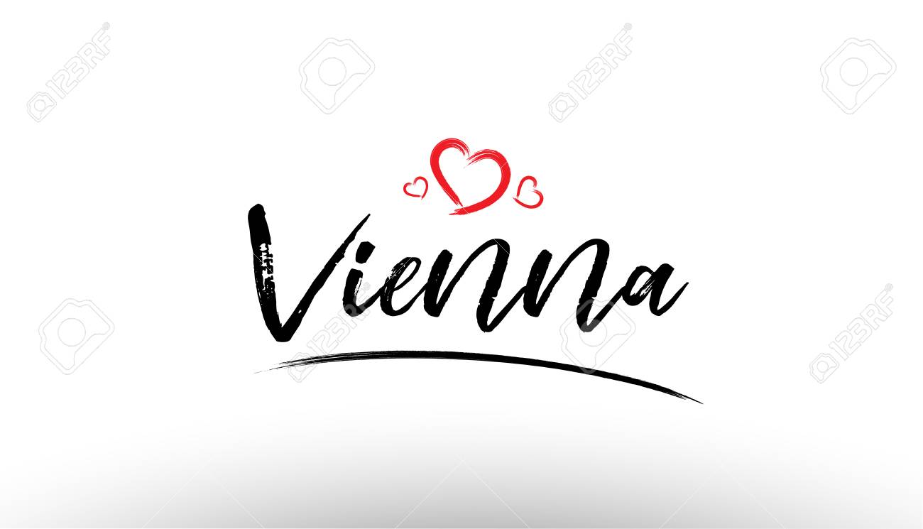 美しい手書きの観光や訪問の推進に適したハート型赤ヨーロッパ ヨーロッパの都市ウィーンの名前ロゴのテキストのタイポグラフィ デザインのイラスト素材 ベクタ Image
