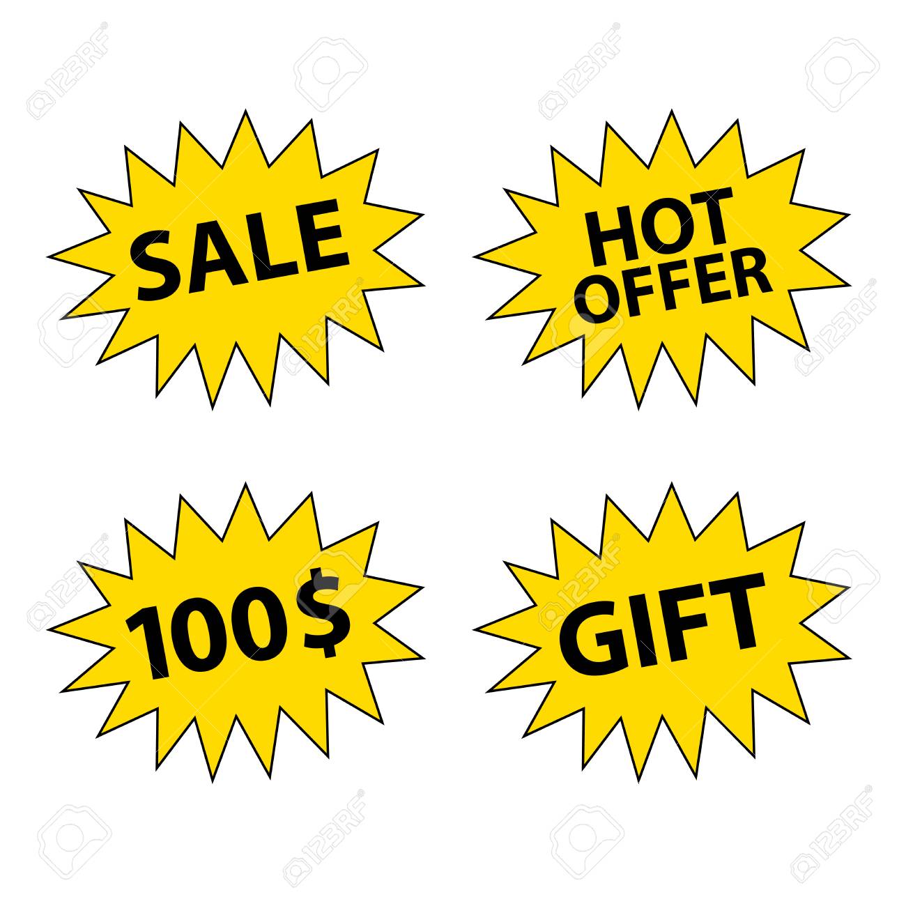 노란색 가격 광고 캠페인 별 모양 스티커, 100 달러, 100 달러, 100 달러, 무료, 선물, 뜨거운 제공, 고립 된 개체, 흰색  배경 로열티 무료 사진, 그림, 이미지 그리고 스톡포토그래피. Image 93217990