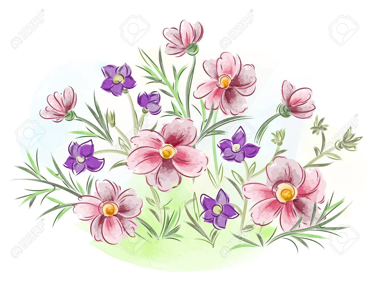 水彩花スミレとパンジーと草地での葉のイラスト素材 ベクタ Image