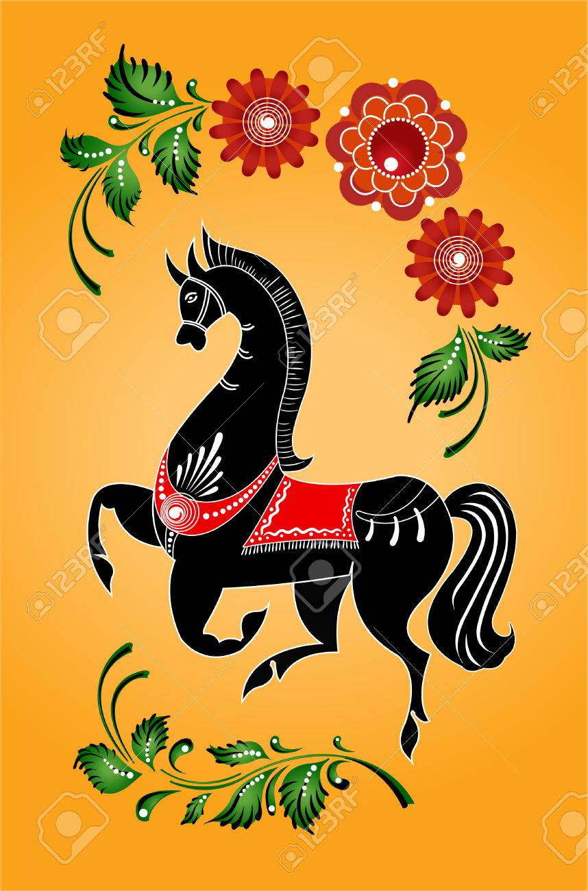 Городецкая роспись лошадь на доске для 5 класса