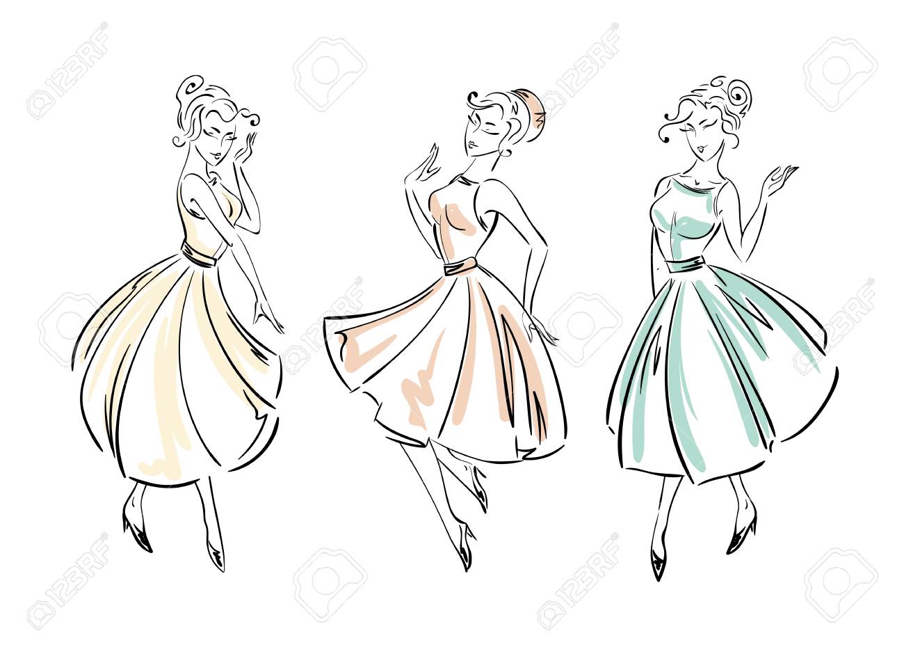 set of fashion freehand dresses collection sketches women models sketches models