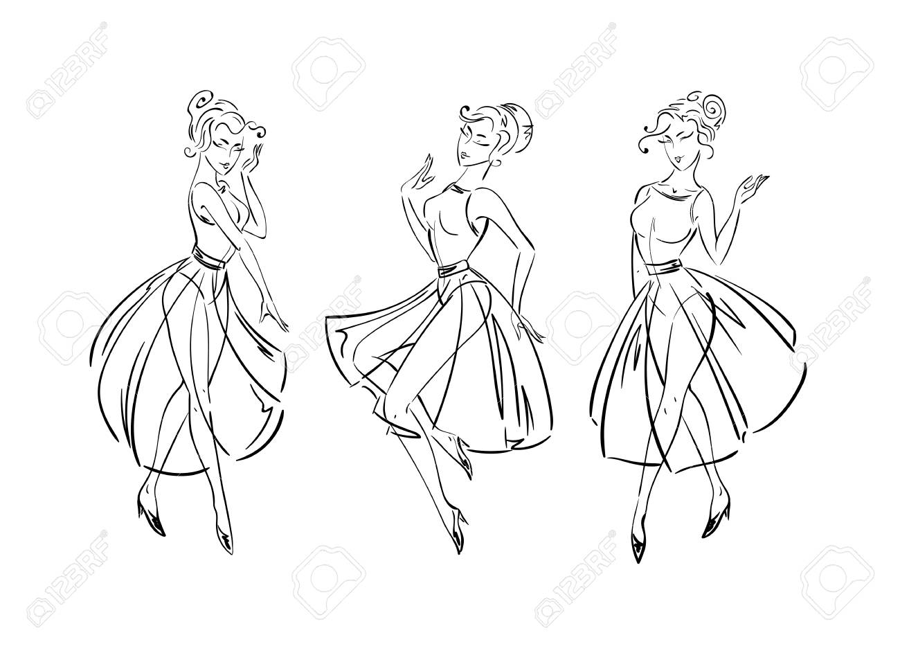 set of fashion freehand dresses collection sketches women models sketches models