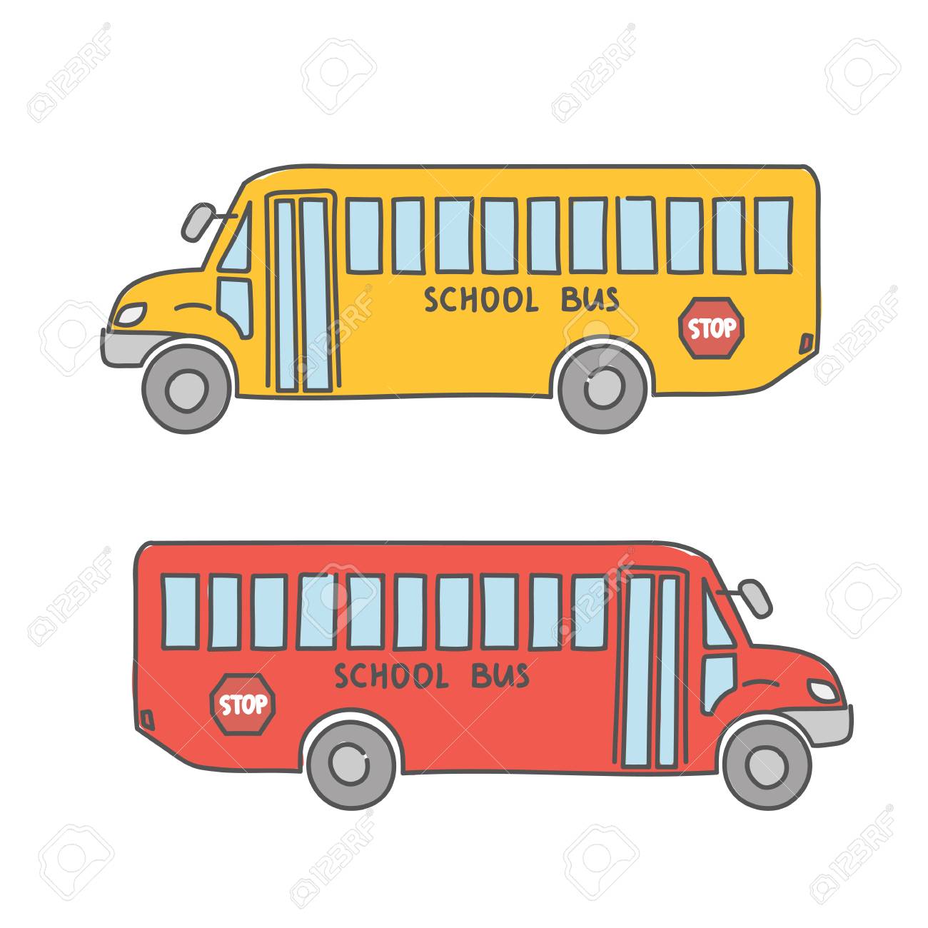 School Bus Set Of Two Colors Red And Yellow Doodles In Cartoon Royalty Free Cliparts Vectors And Stock Illustration Image 110749737