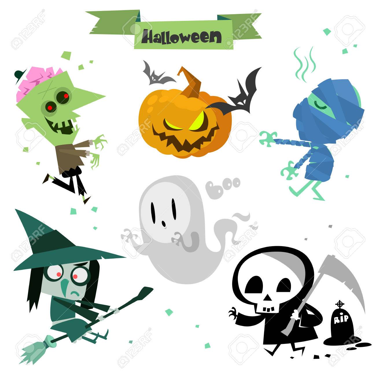 Cute Cartoon Halloween Characters Icon Set Zombie Pumpkin Head Royalty Free Cliparts Vectors And Stock Illustration Image 61854417