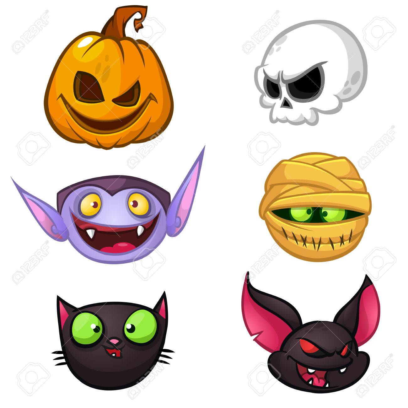 halloween characters icon set cartoon heads of pumpkin death