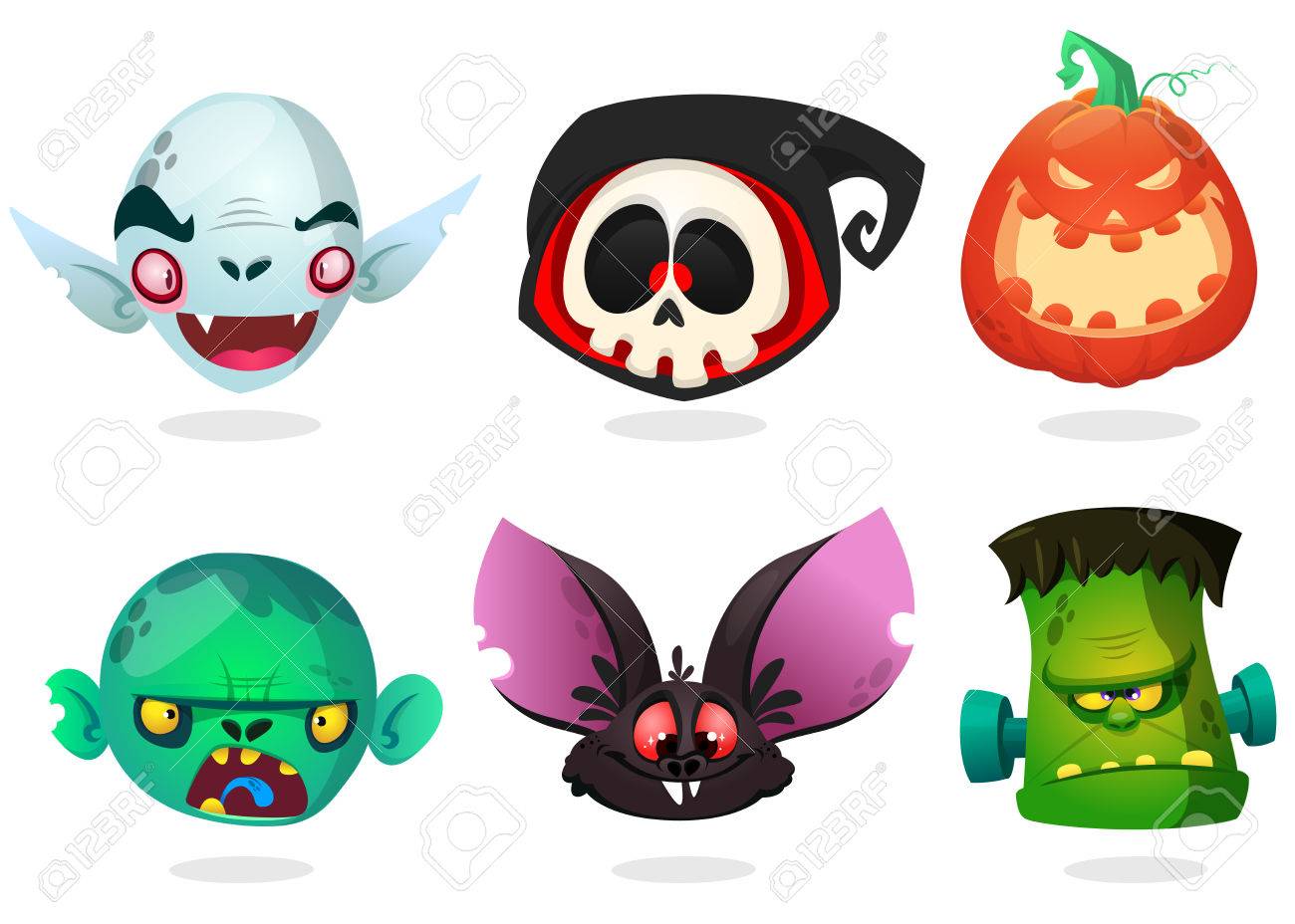 halloween characters icon set cartoon heads of grim reaper black