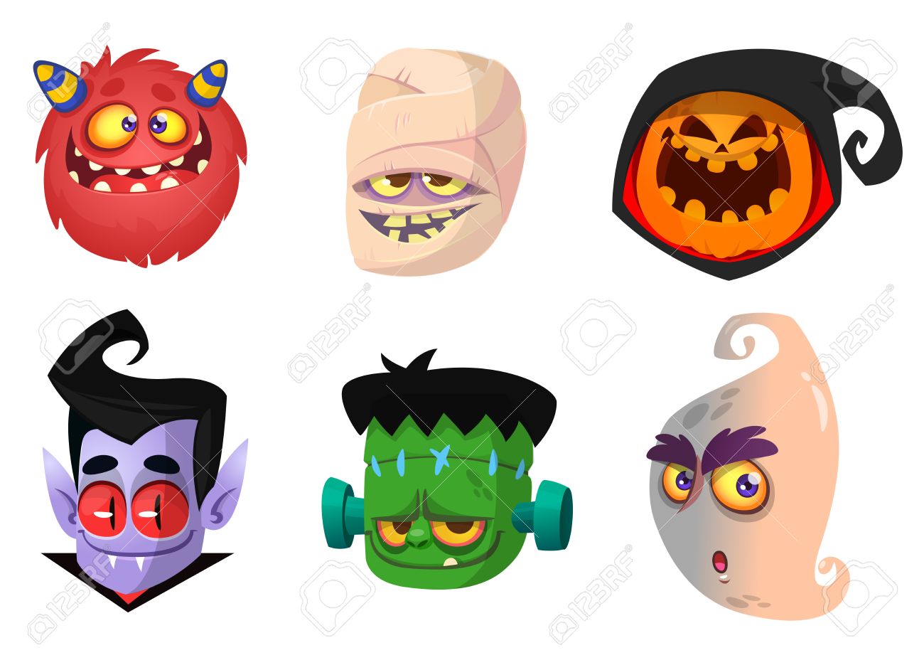 Personnages D'halloween Icônes. Avatars De La Tête De Bande Dessinée De  Citrouille Jack O Lntern, Zombie, Vampire, Monstre Rouge, Maman Et Fantôme.  Clip Art Libres De Droits , Vecteurs Et Illustration. Image