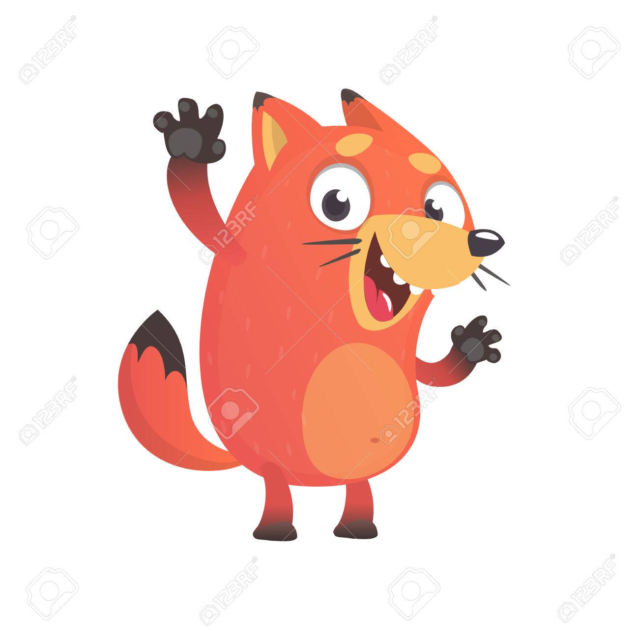 かわいい面白いは 手を振っているマスコットをフォックスし 興奮します ベクトル図が分離されました 絵本の漫画のキャラクター のイラスト素材 ベクタ Image