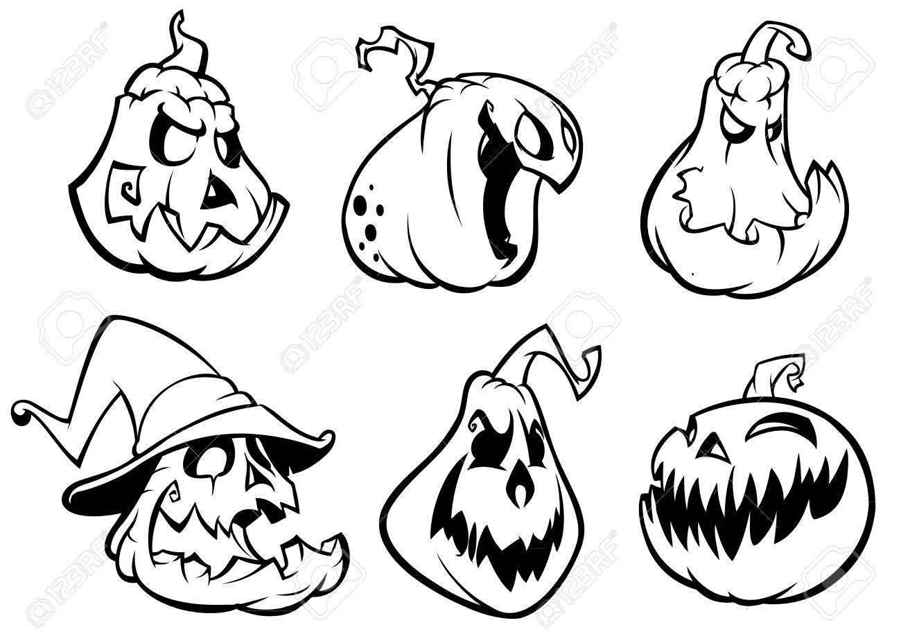 Citrouilles d\u0027Halloween incurvées avec le visage de jack o lantern. Illustration de dessin animé de vecteur. Coups et contours