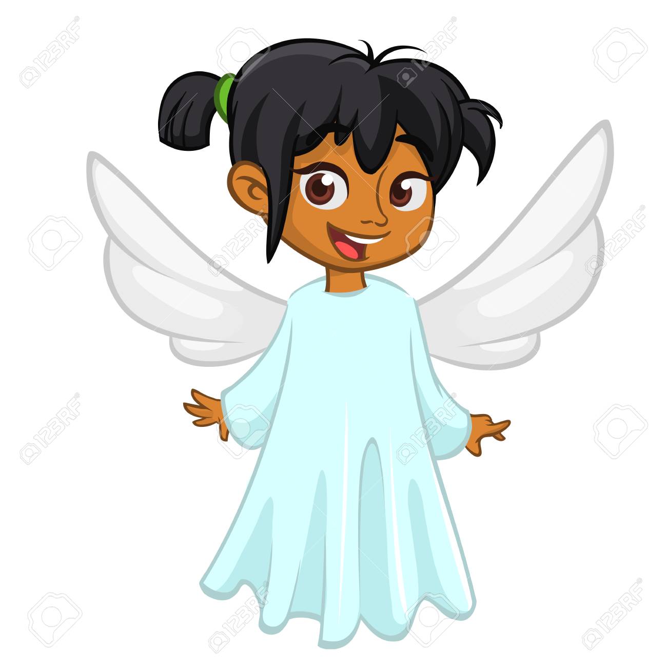 白い翼が飛んでかわいい幸せな女の子アフロアメリカの女の子の天使のキャラクター ベクトルイラスト分離 のイラスト素材 ベクタ Image