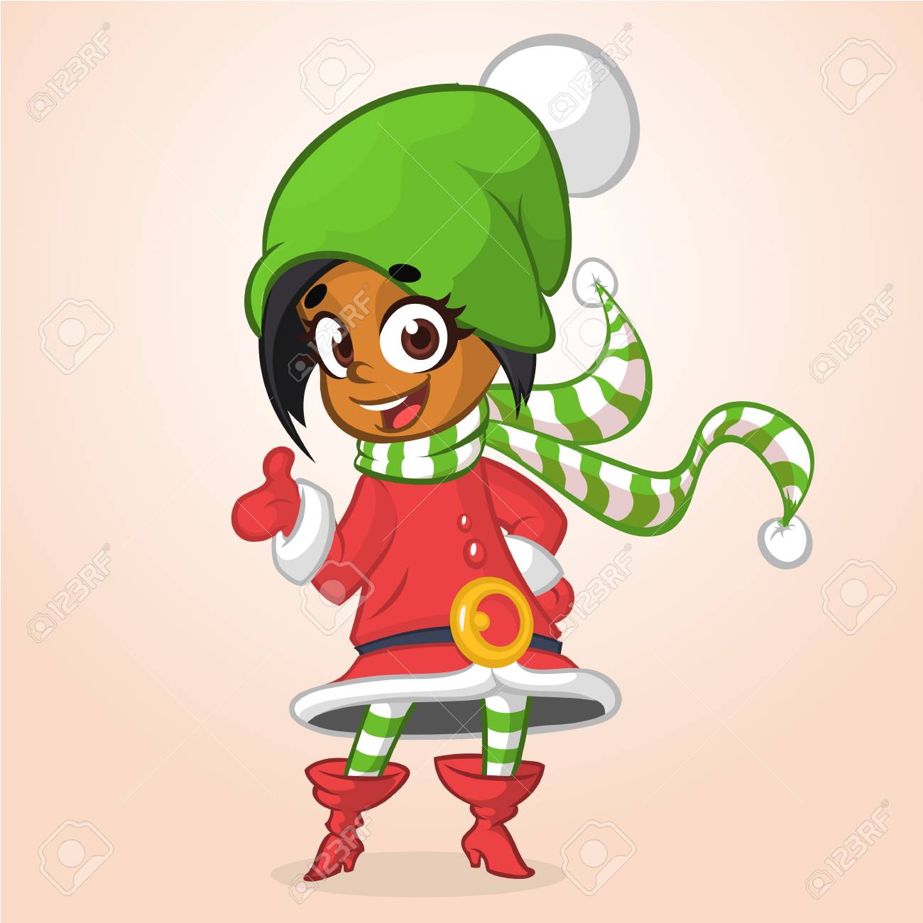 幸せな漫画笑顔アフロアメリカンガールクリスマスサンタのエルフ ベクトルイラストを白で分離 のイラスト素材 ベクタ Image