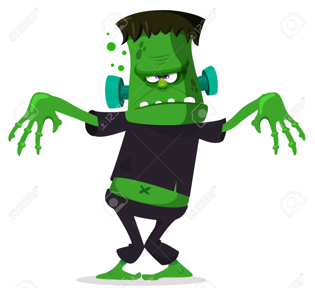 ポップアート 緑色背景 黒いキャラクター 頭の外にピンクの脳を持つ漫画のおかしな緑のゾンビ、歩く死んだ