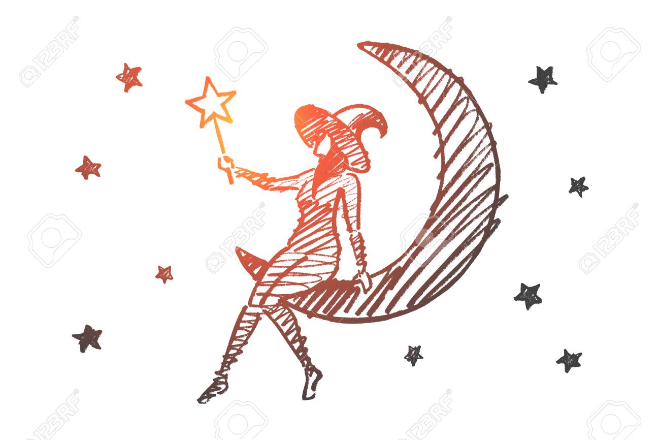 Vector Hand Drawn Halloween Magic Girl Concept Sketch Halloween