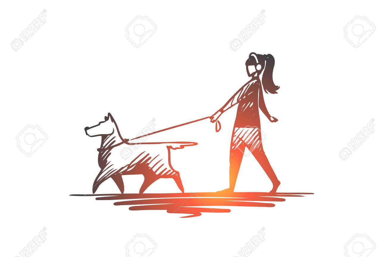 Walk Pet Dog Lifestyle Darling Concept Hand Drawn Woman