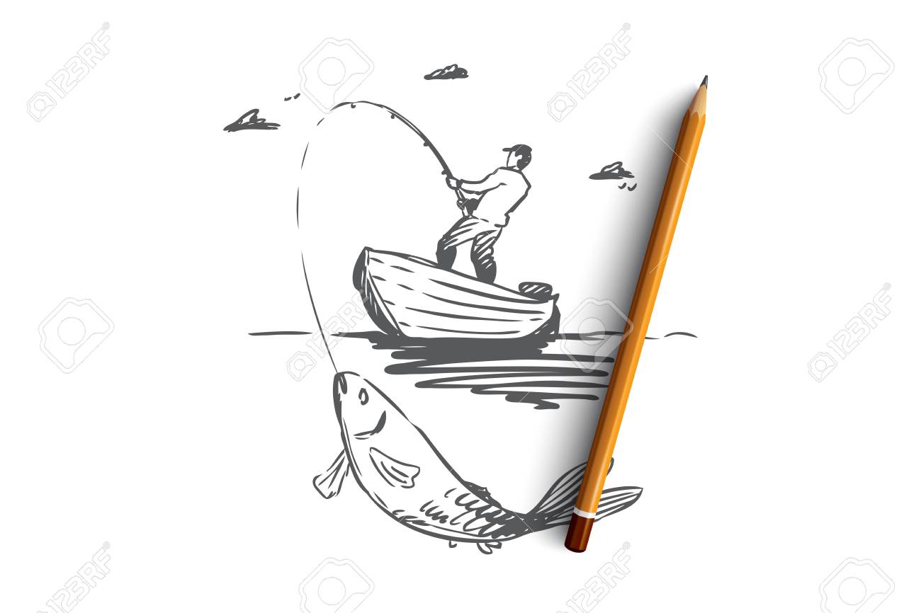 Fish, Fishing, Catch, Boat Concept. Hand Drawn Man Fishing In Boat