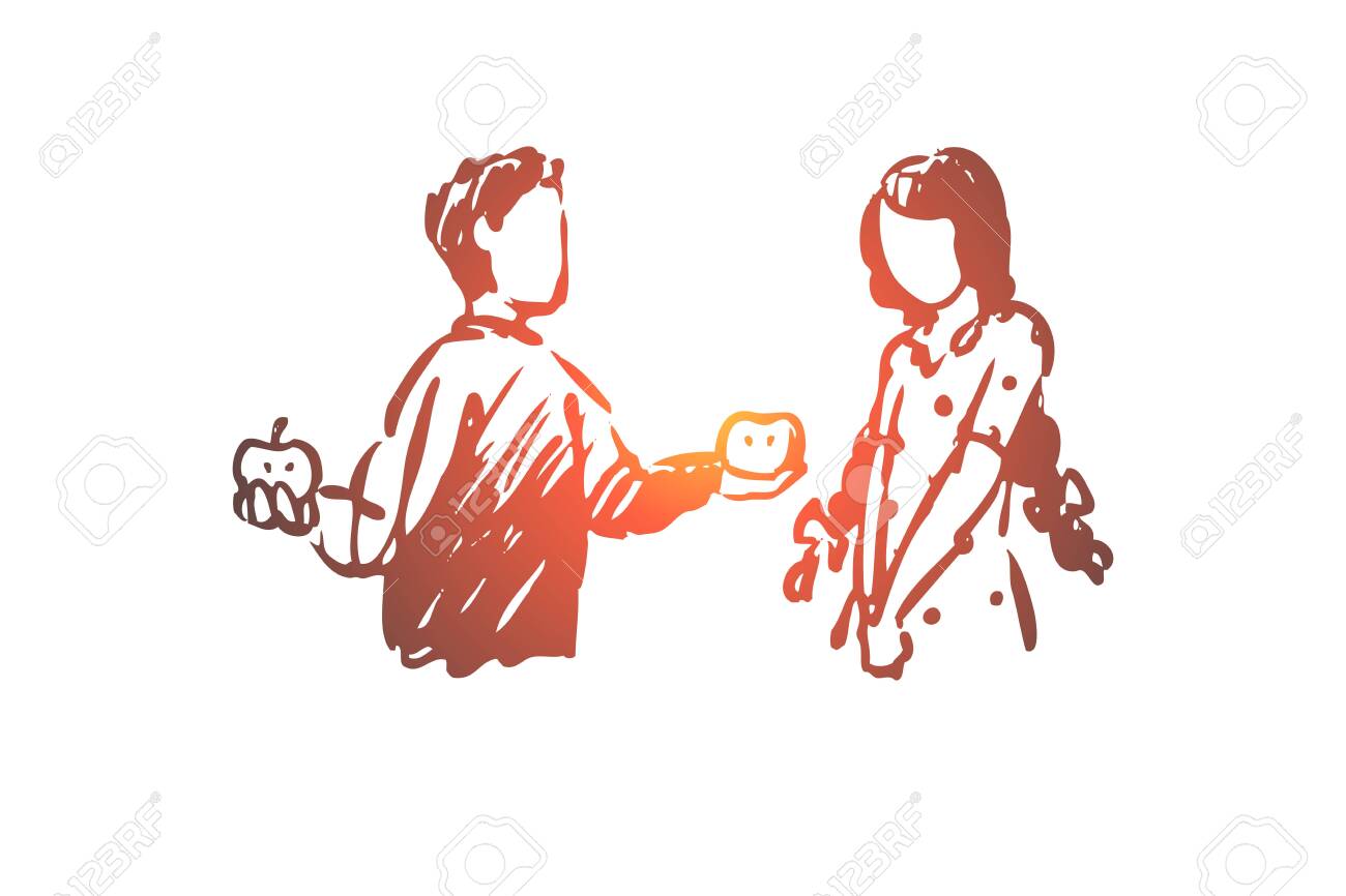 Kid Good Manners Boy Apple Girl Concept Hand Drawn Boy