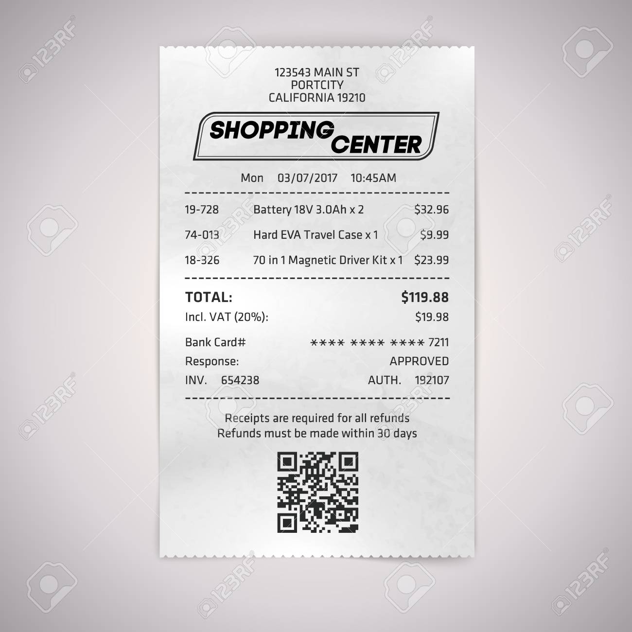 realistic paper shop qr receipt vector cashier bill on white