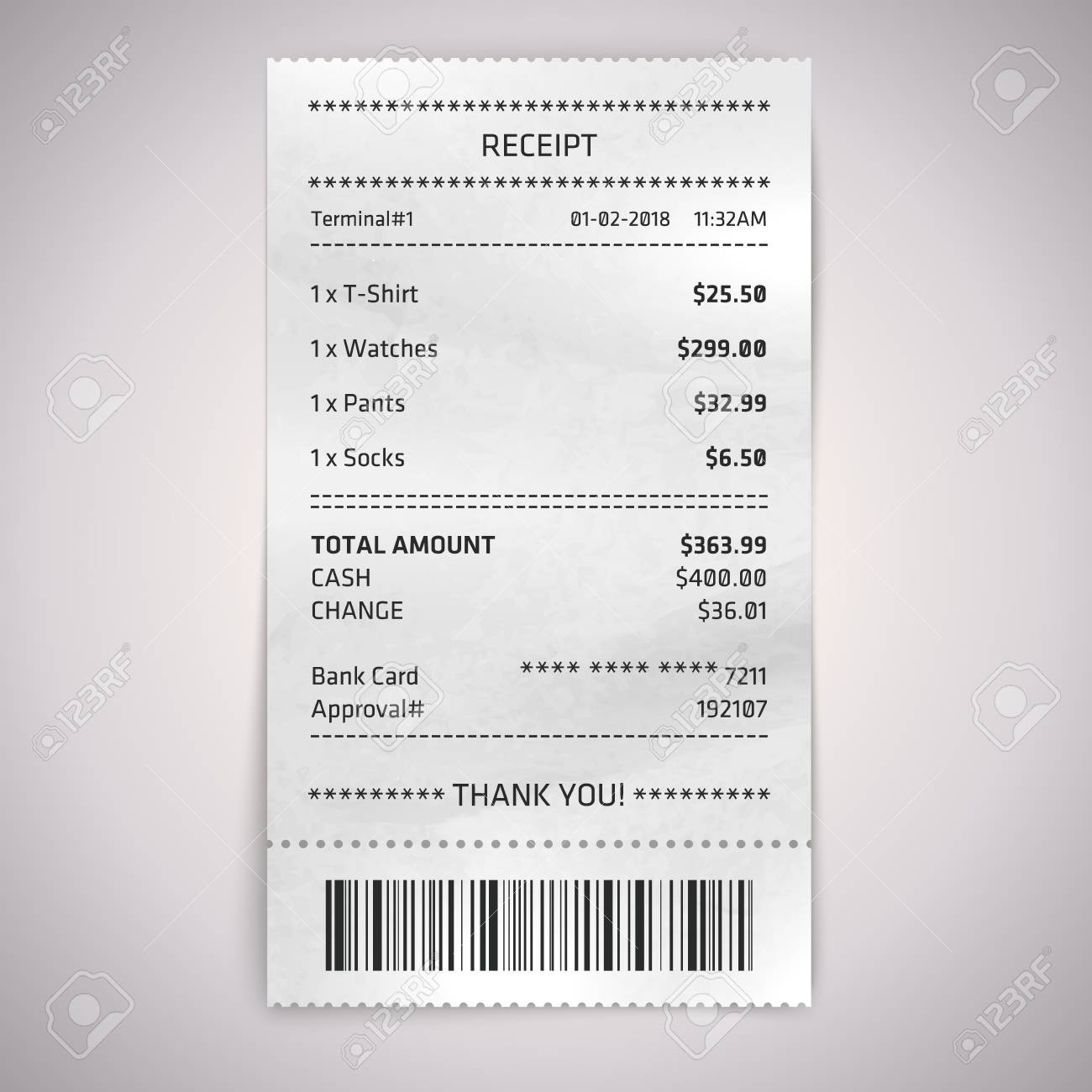 realistic paper shop receipt with bar code vector shop terminal