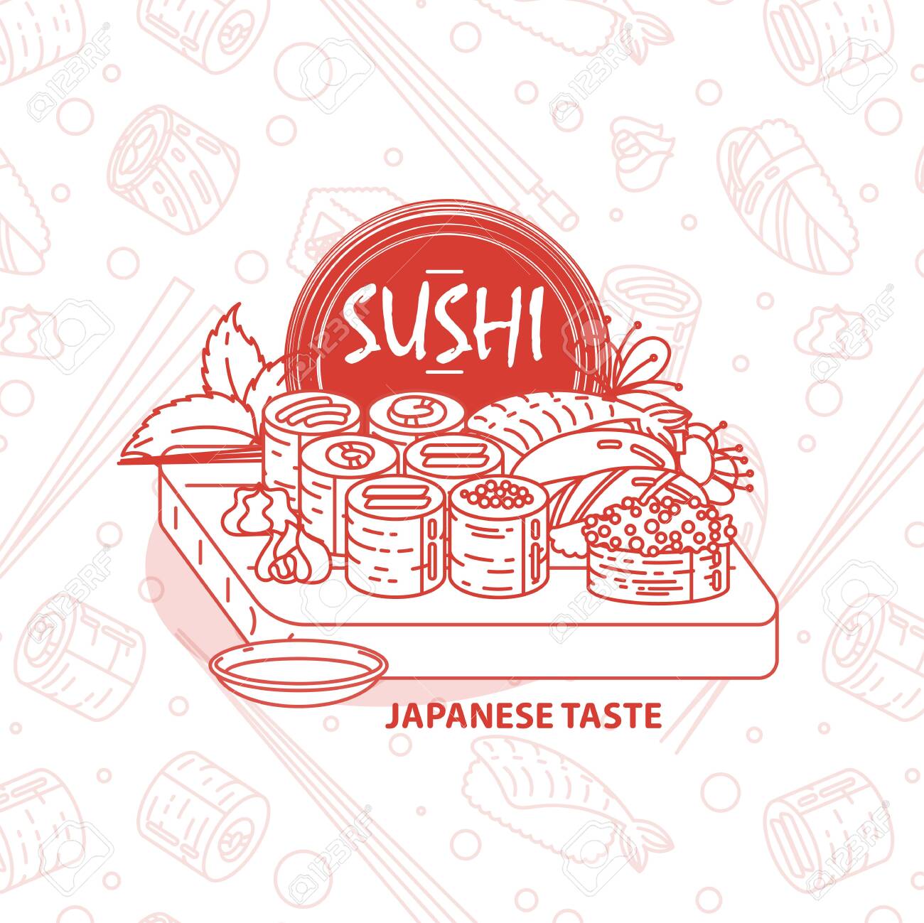 Sushi. Japanese food. Rolls with fish and caviar on eco plate, chopsticks, ginger and soy sauce. Delicious vector illustration for restaurant and bar menu, booklets or prints - 150659911 Sushi. Japanese food. Rolls with fish and caviar on eco plate, chopsticks, ginger and soy sauce. Delicious vector illustration for restaurant and bar menu, booklets or prints - 150659911