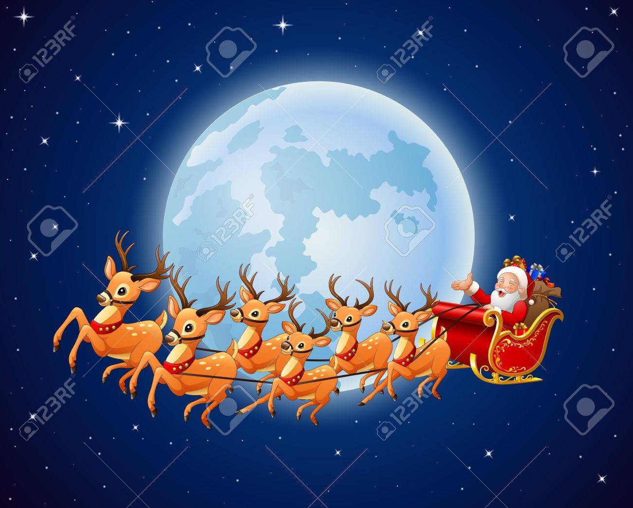 illustration of santa claus rides reindeer sleigh against a full